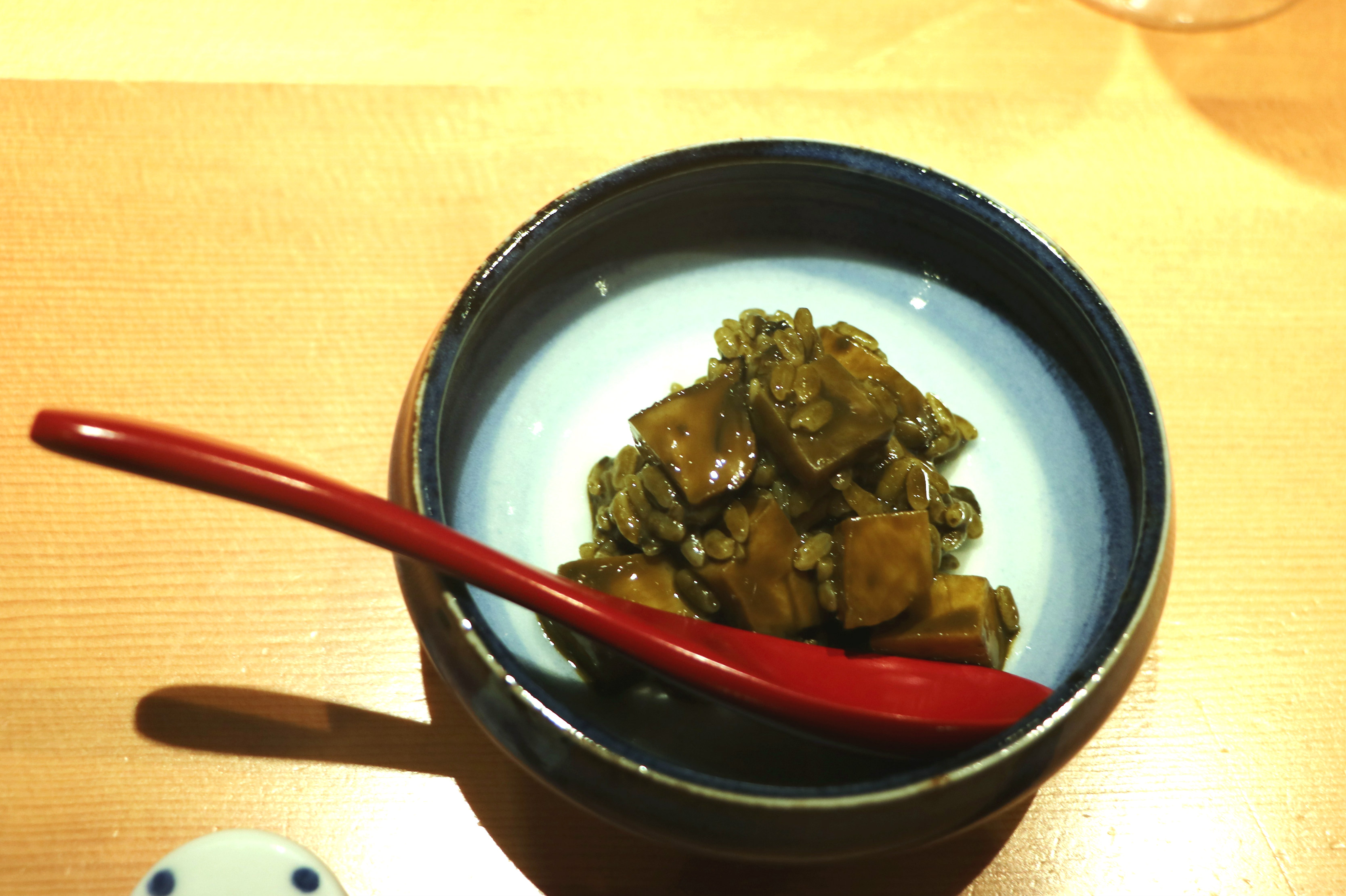 This appetizer before my sushi course is "abalone risotto." It consists of sushi rice with tender-cooked cubed abalone flavored with a sauce made with abalone liver resulting in a creamy texture with a distinctive flavor and a hint of bitterness. Credit: Copyright 2016 Hiroko Shimbo 