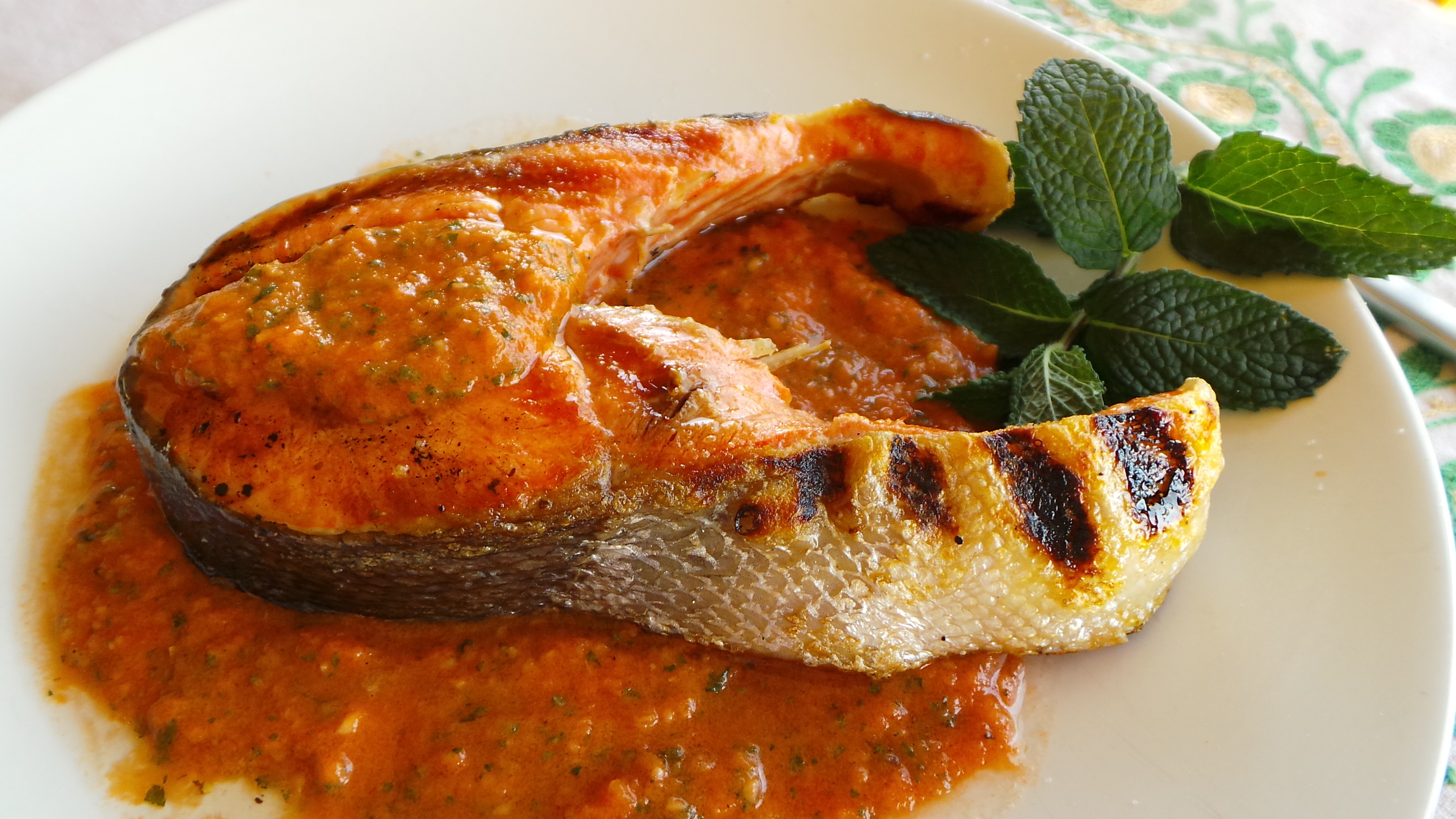 Grilled salmon with tomato relish and mint. Credit: Copyright 2016 Clifford A. Wright